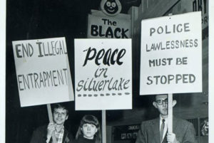 Protesters standing in front of the Black Cat Tavern, 1967